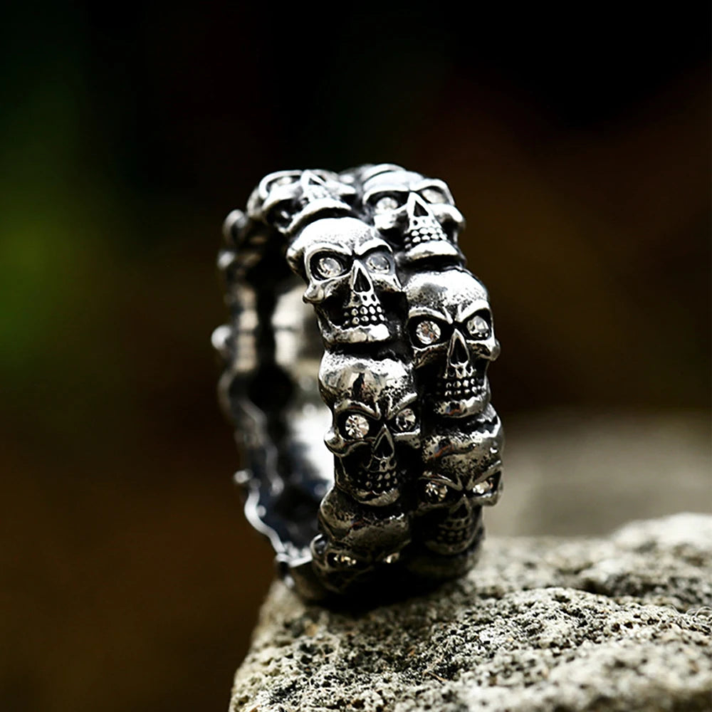 Vintage Punk Crystal Stone Skull Ring For Men Hiphop Rock Locomotive Stainless Steel Rings Party Jewelry Creative Gift Wholesale