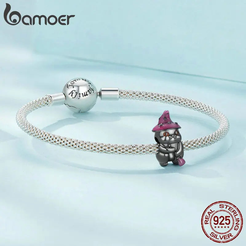 Bamoer 925 Sterling Silver Halloween Witch Cat Bead Luminous Animal Charm Black Gold Plated for Women Bracelet and Necklace DIY