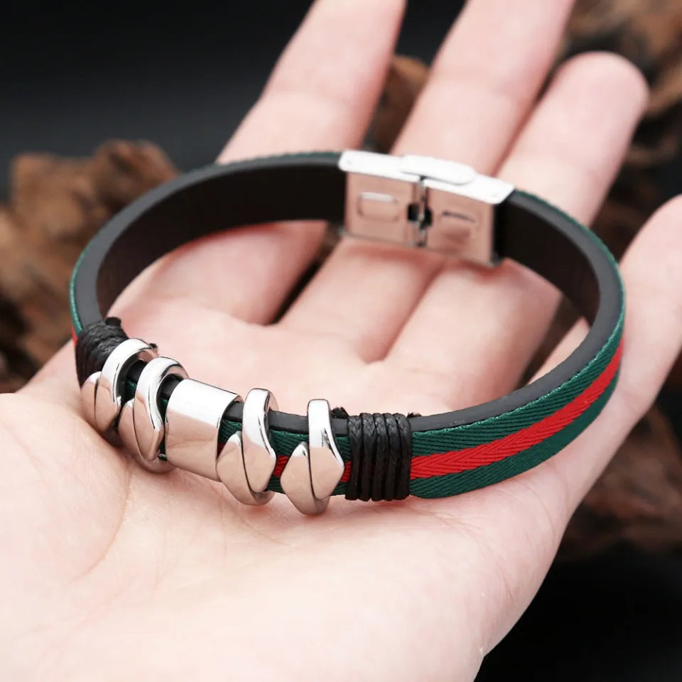 Punk Fashion Colorful Double Layer Leather Bracelet Hip Hop Biker Stainless Steel Bracelets For Men Women Casual Charm Jewelry