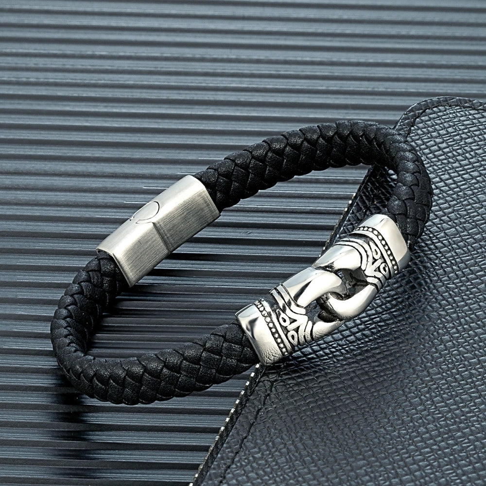 MKENDN Fashion Stainless Steel Magnetic Punk Rock Men Knot Bracelet Genuine Leather Braided Bangles Male Jewelry Accessories