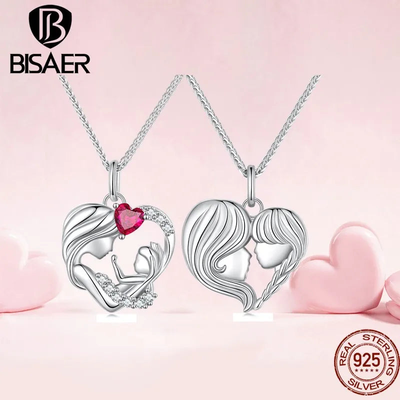 BISAER 925 Sterling Silver Mother & Child Pendant Necklaces Plated Platinum Women Mother's Day Birthday Fine Jewelry 2023 Gift