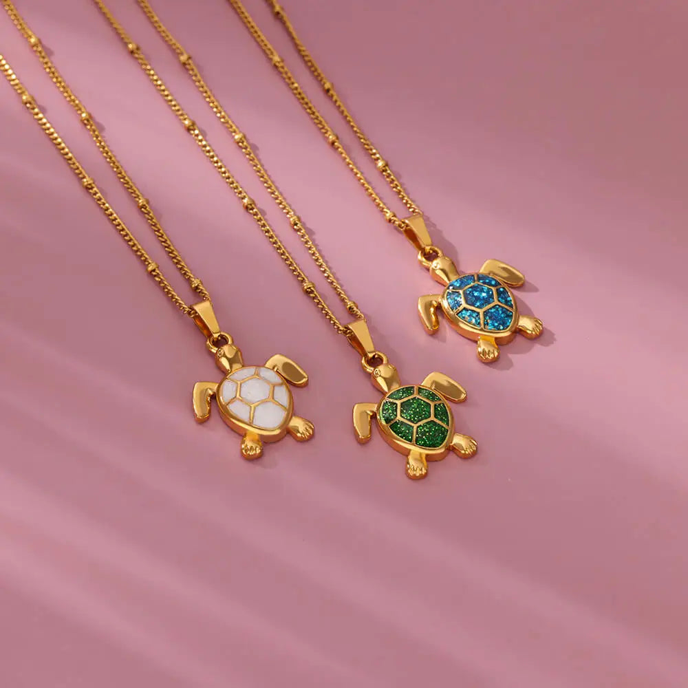 Colored Turtle Pendant Necklace for Women Summer Beach Female Charm Necklace Beads Chain Cute Stainless Steel Jewelry collar