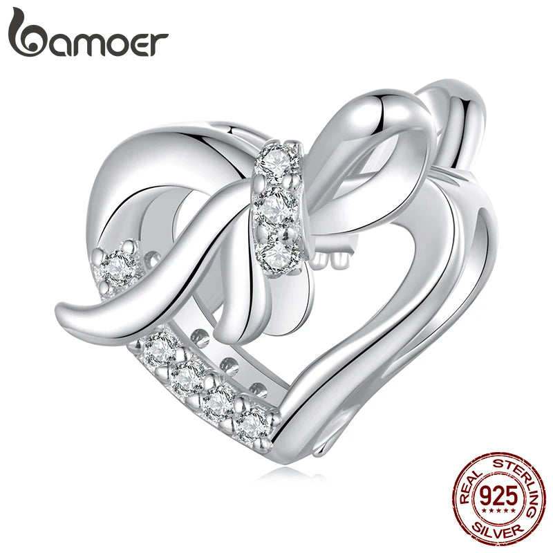 BAMOER 925 Argent Sterling Bowknot Coeur Forme Cadeau Perle Fit Original Bracelet DIY Bamoer Charm pour la Fabrication de Bijoux Cadeau de Noël