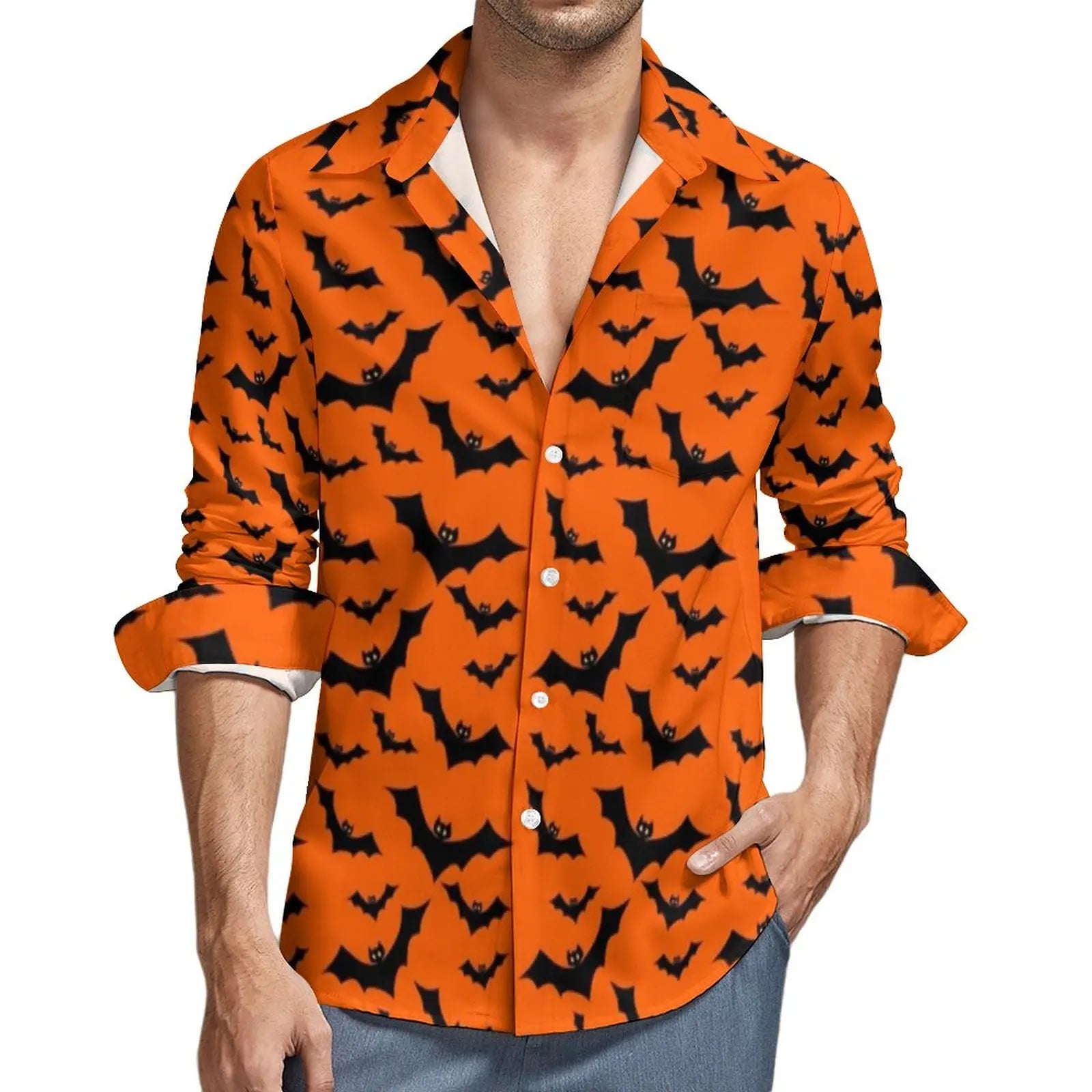 Camisa con estampado de murciélagos morados, camisas casuales de otoño y Halloween para hombre, blusas holgadas de manga larga, ropa gráfica divertida de talla grande