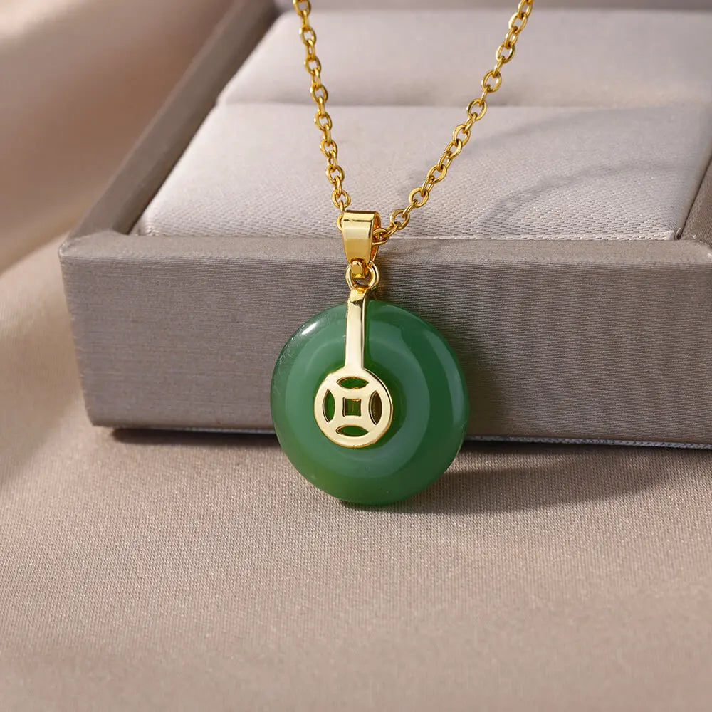 Gold Color Stainless Steel Necklace for Women Men Retro Blessing Round Jade Lucky Necklace Jewelry Birthday Gift