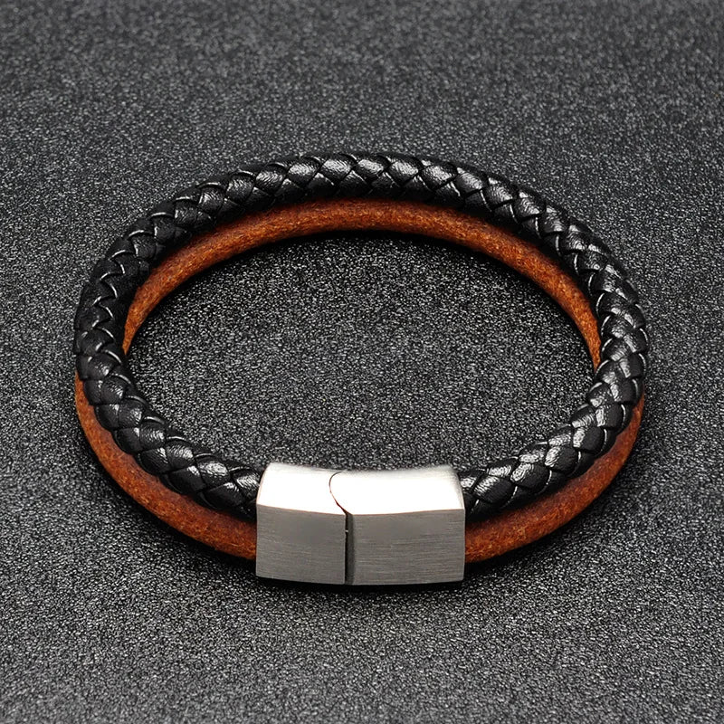 MKENDN Double Strand Original Cowhide Bracelet With Woven LeatherStainless Steel Magnet Buckle Accessories Handmade Gifts