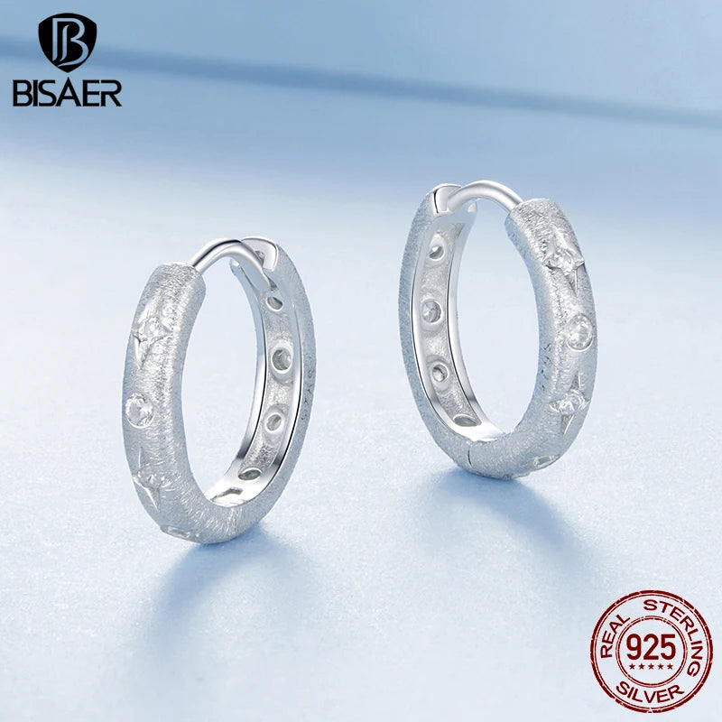 BISAER 925 Sterling Silver Starry Ear Buckles Round Hoop Earrings Plated White Gold for Elegant Women Party Fine Jewelry EFE1114