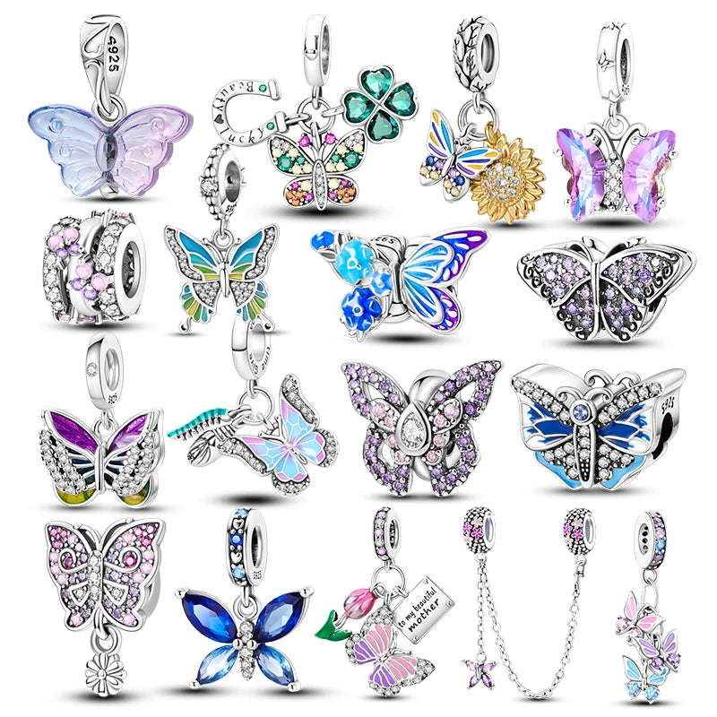 Colorful Butterfly Charms Pendant Beads Fits Original Pandora Bracelet 925 Sterling Silver Charm Fine DIY Jewelry