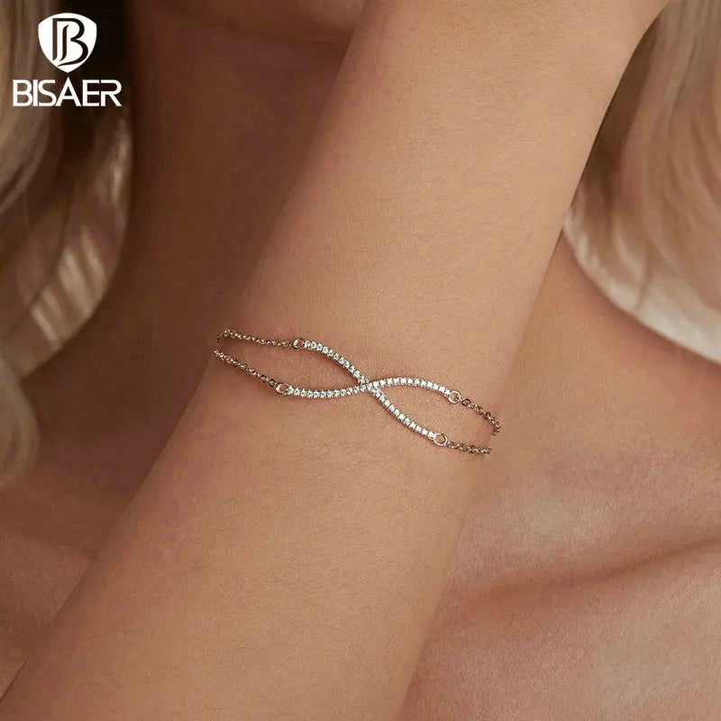 BISAER 925 Sterling Silver Crossed X Bracelet Adjustable Double Layer Chain Plated White Gold for Women Party Fine Jewelry Gift