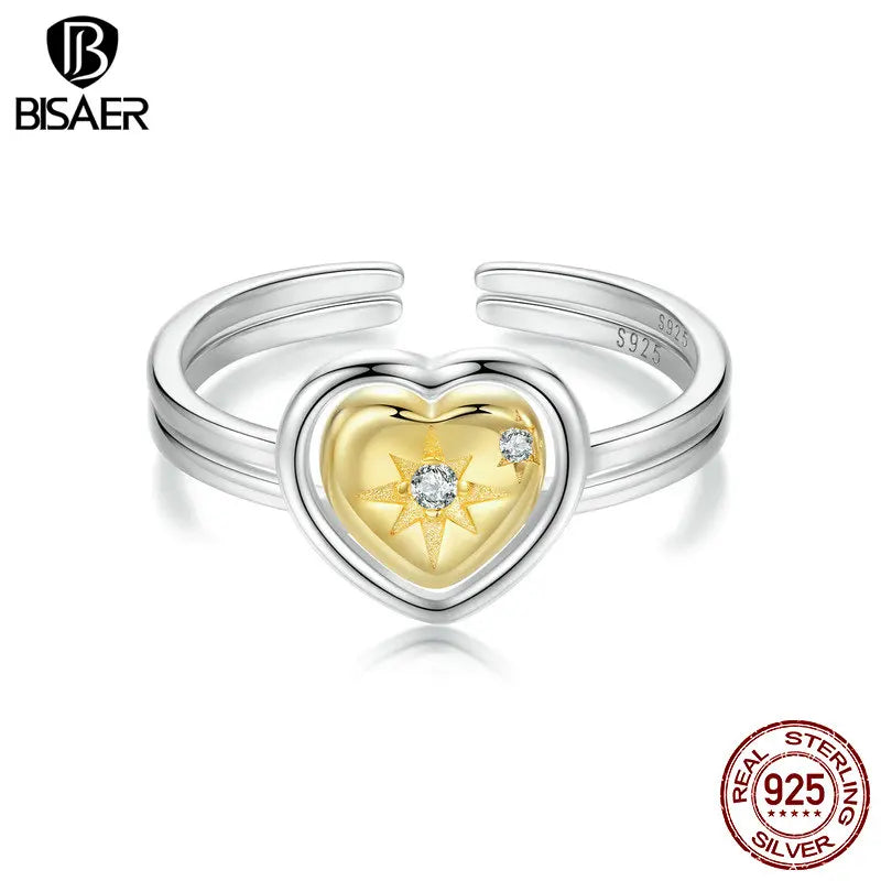 BISAER 925 Sterling Silver Heart Open Ring Two-tone Stackable Promise Band 18K Gold Plated for Couple Anniversary Fine Jewelry