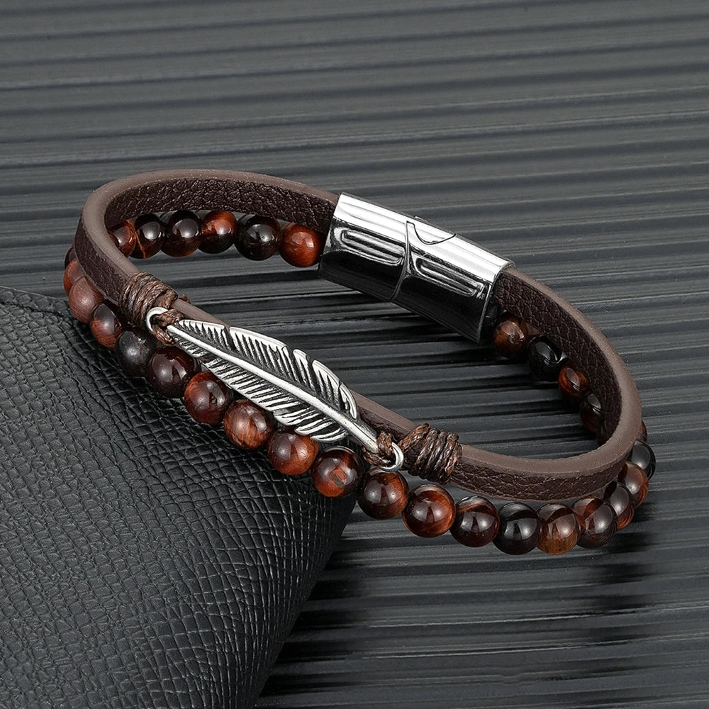 MKENDN Men Red Tiger Eyes Lava Stone Beaded Mutilayer Leather Feather Bracelet Stainless Steel Magnetic Clasp Wrap Bangle Gifts