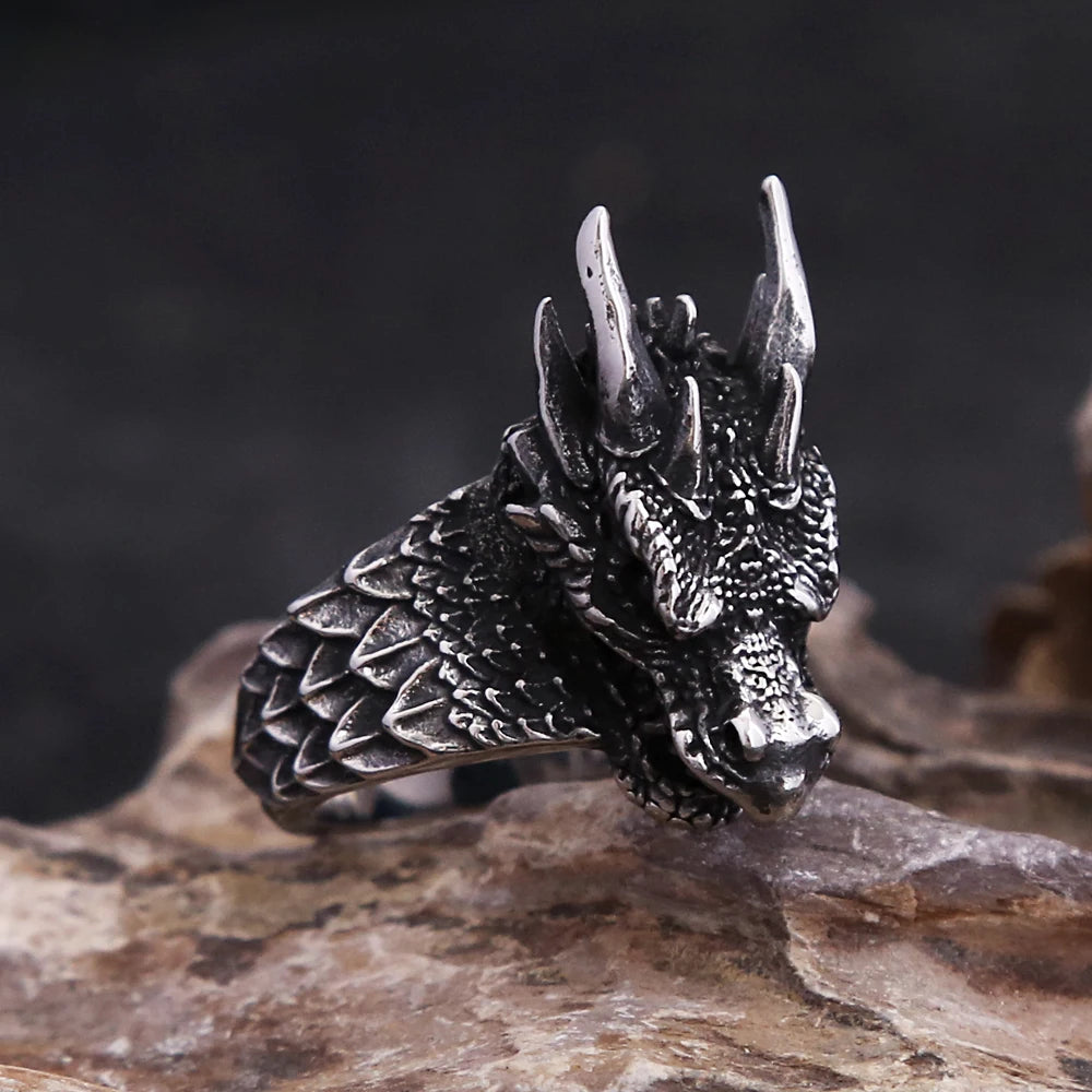 Anillo de acero inoxidable estilo vikingo nórdico con forma de cabeza de dragón, estilo punk y motero, con escamas de dragón, amuleto creativo, regalo de joyería