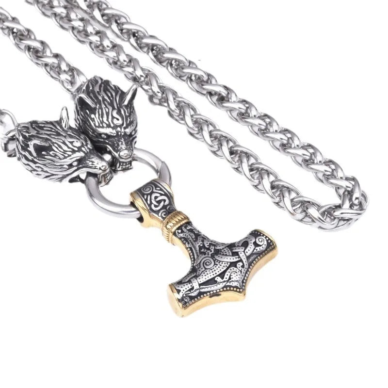 Retro Viking Wolf Head Thor's Hammer Pendant Necklace Men Women Hip Hop Punk Accessories