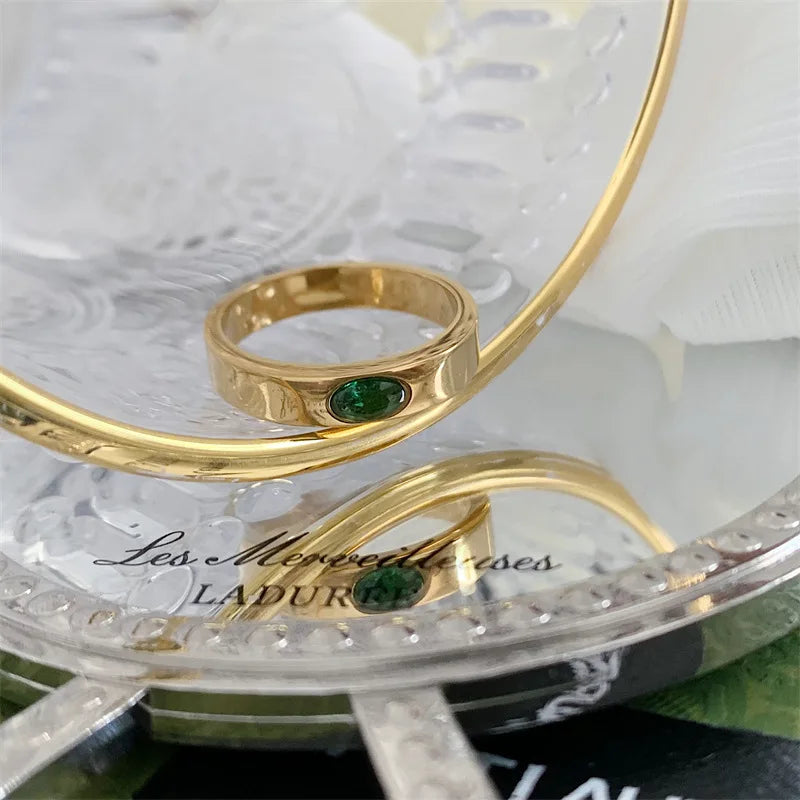 Dancy Fairy Waterproof Stainless Steel Green Cubic Zirconia Love Band Ring 4MM Stackable Rings for Women Jewelry Gift