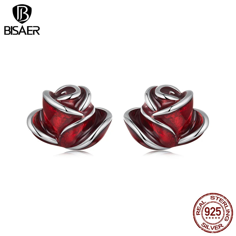 BISAER 925 Sterling Silver Red Rose Stud Earrings Enamel Process Ear Clip Plated White Gold For Women Original Fine Jewelry