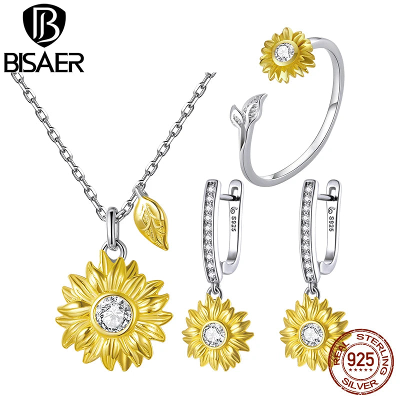 BISAER 925 Sterling Silver Sunflower Jewelry Set Plated 14k Gold Color Lucky Necklace Earring Gift for Women Fine Jewelry Gift