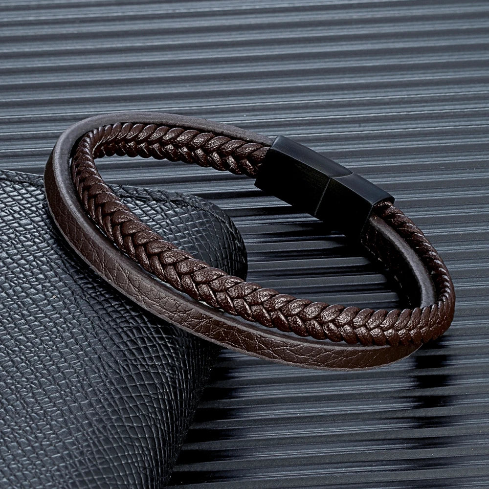 MKENDN Minimalist Men Double Strand Woven Leather Bracelet Matte Black Stainless Steel Buckle Accessories Handmade Jewelry Gifts