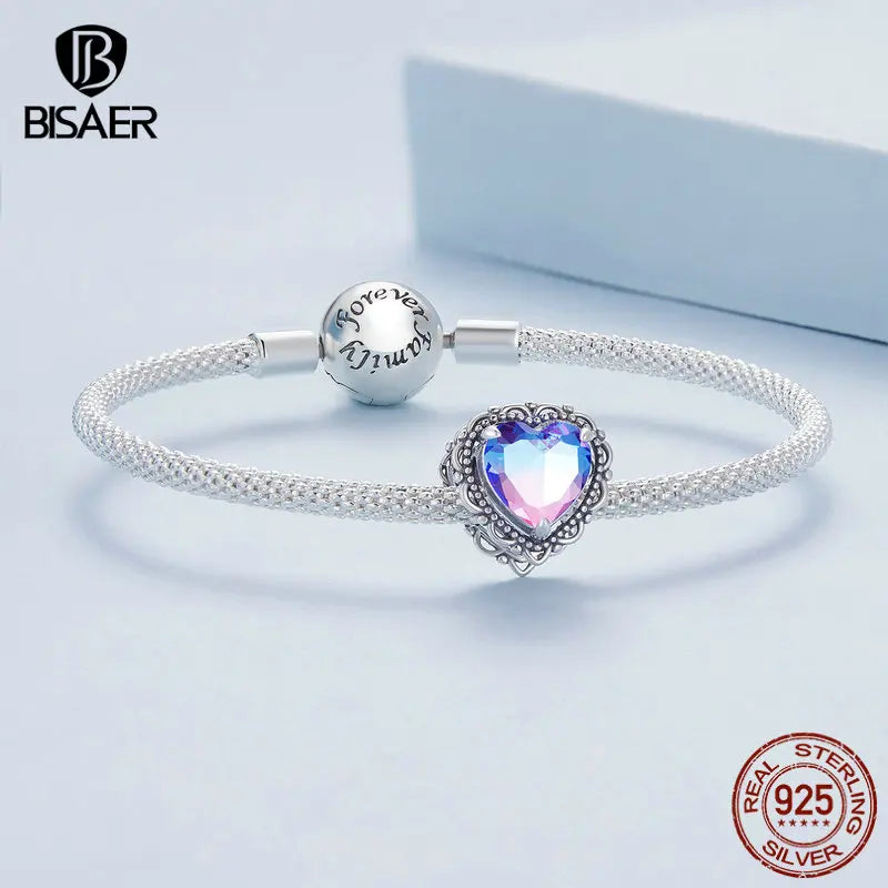 BISAER 925 Sterling Silver Vintage Purple Heart Gradient Charm Bead Fit Original Female Bracelet & Necklace DIY Fine Jewelry