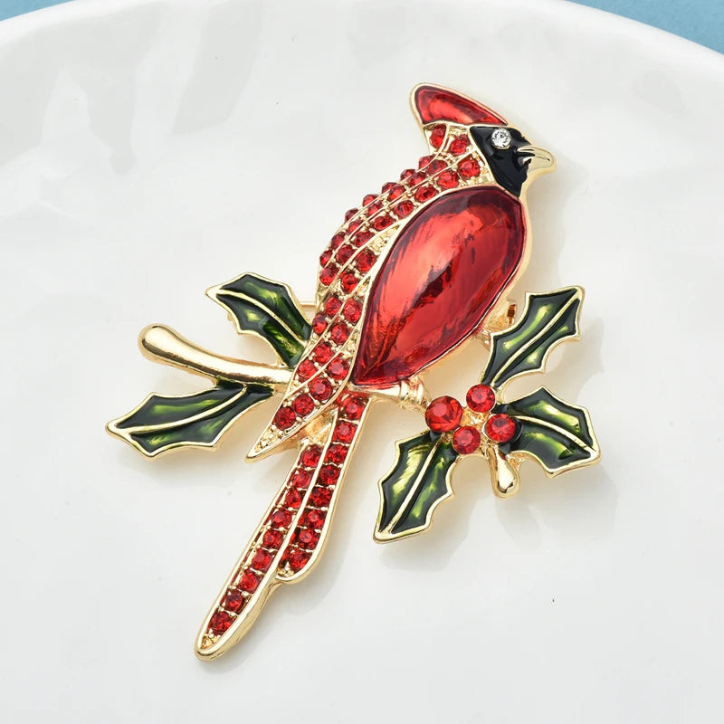 Wuli&baby Red Bird Brooches Good Luck Beauty Enamel Rhinestone Animal New Year Office Party Brooch Pin Gifts