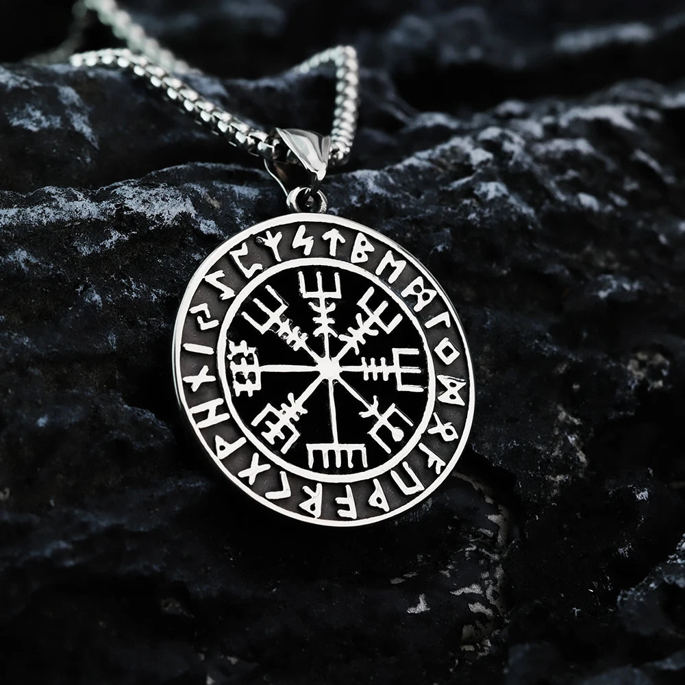 Compass Necklace Viking Metal Disk Pendant Viking Rune Vintage European and American Festival Gift