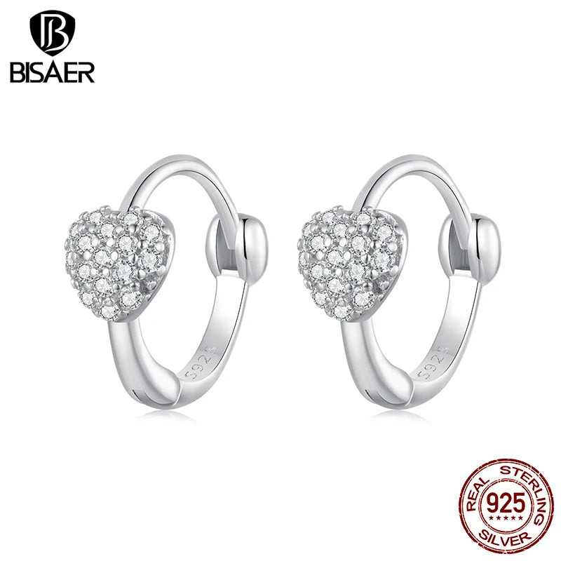 BISAER Real 925 Sterling Silver Heart Zircon Hoop Earrings Round Stud Earring For Women Party Weeding Fine Jewelry Gift EFE1111