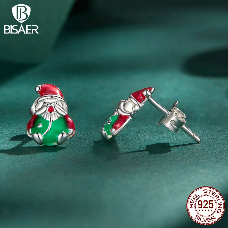 BISAER 925 Sterling Silver Luminous Santa Claus Stud Earrings Enamel Process for Women Christmas Fine Jewelry Gift EFE918