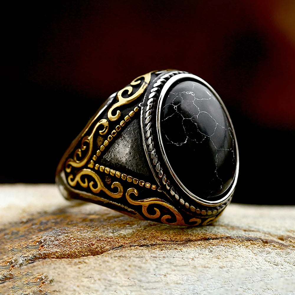 New Vintage 316L Stainless Steel Stone Rings For Men Boys Gothic Hip Hop Natural Oval Opal Stone Ring Fashion Punk Jewelry Gifts