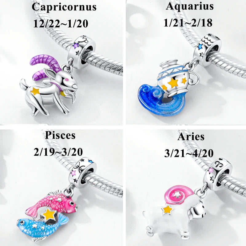 12 Zodiac Signs Fluorescent Twelve Constellations Star Sign 925 Silver Beads Charms fit Original Pandora Bracelet Neckalce