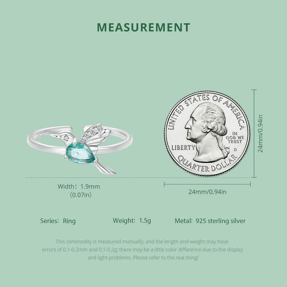 BISAER 925 Sterling Silver Hummingbird Open Ring Size 5-9 Mint Green CZ Cute Bird Band Plated Platinum for Women Fine Jewelry