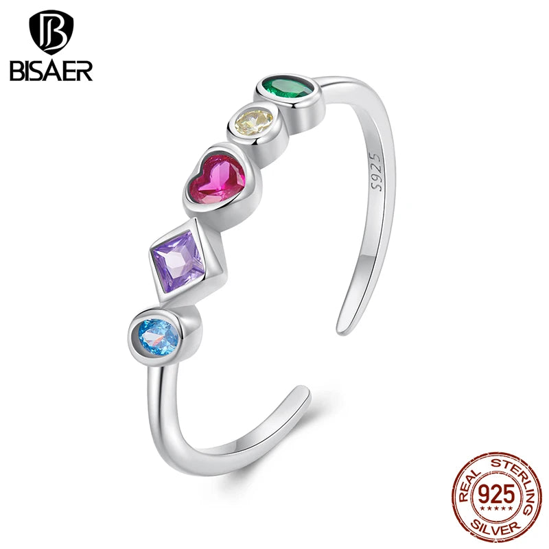 BISAER 925 Sterling Silver Colorful Open Ring Adjustable Size 5-9 Band  Plated White Gold for Women Party Original Fine Jewelry