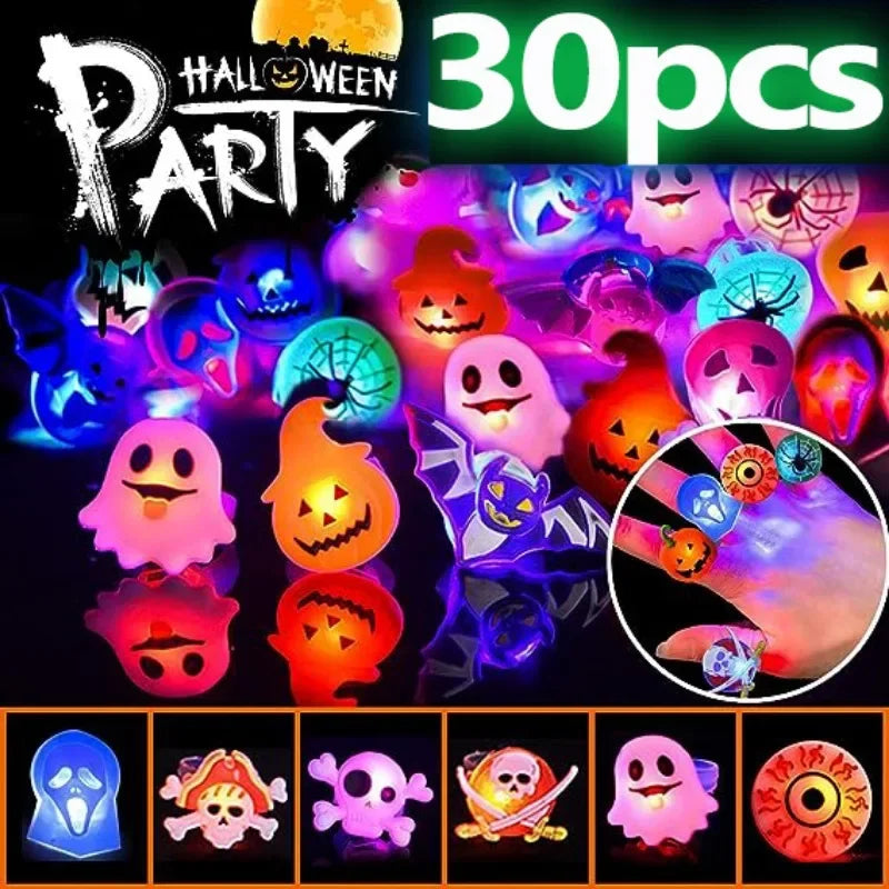 10-30Pcs LED Luminous Halloween Rings Creative Pumpkin Ghost Skull Glowing in Dark Finger Rings Toys Lights Jewelry Party Gifts