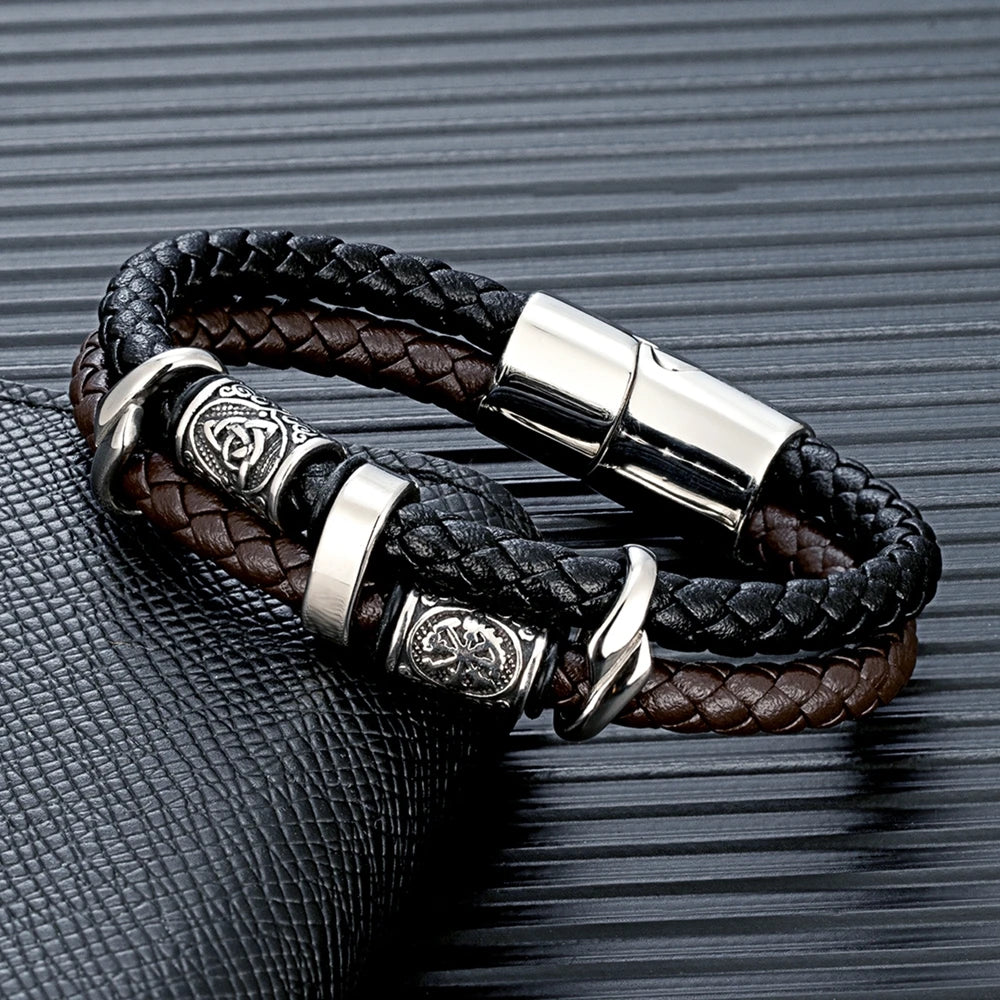 MKENDN Punk Viking Style Stainless Steel Compass Norse Runes Amulet Beads Braided Multilayer Leather Bracelet Homme Pulseras