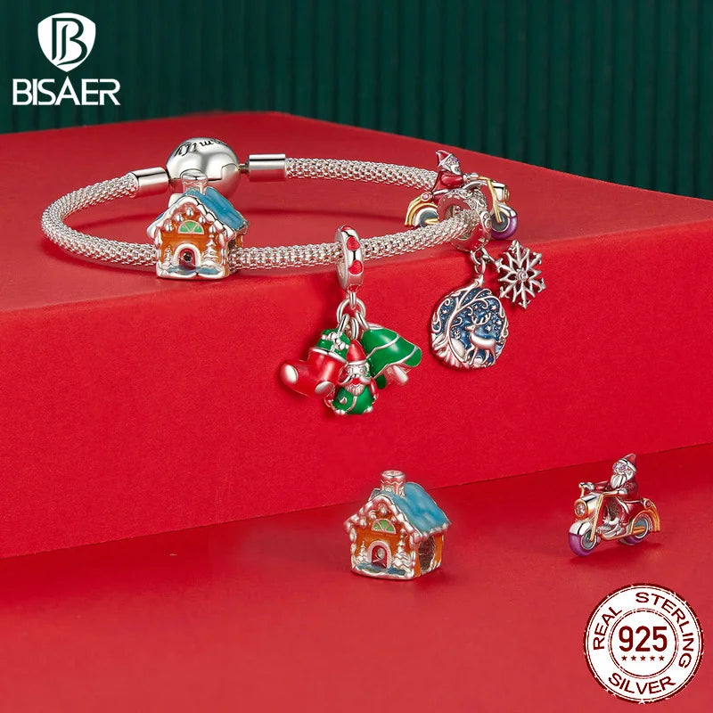 BISAER 925 Sterling Silver Christmas Elk Gingerbread Man Santa Charm Beads Xmas Tree Bell Reindeer Pendant Fit DIY Bracelet