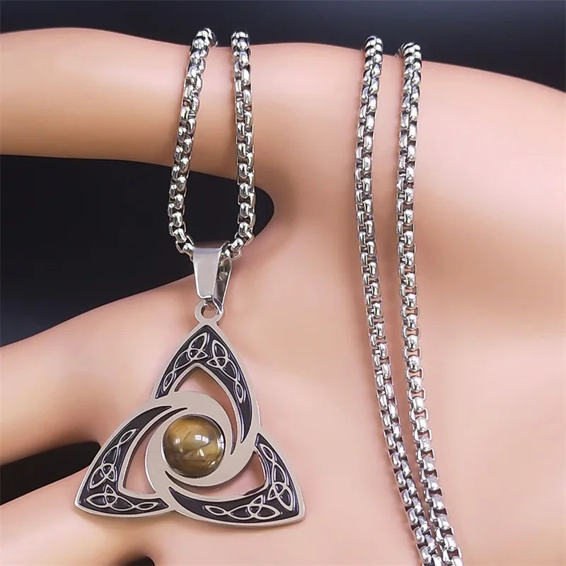 Viking Trinity Knot Necklace for Women Men Stainless Steel Tiger Eye Witch Irish Celtic Lucky Amulet Chain Jewelry N3806S02