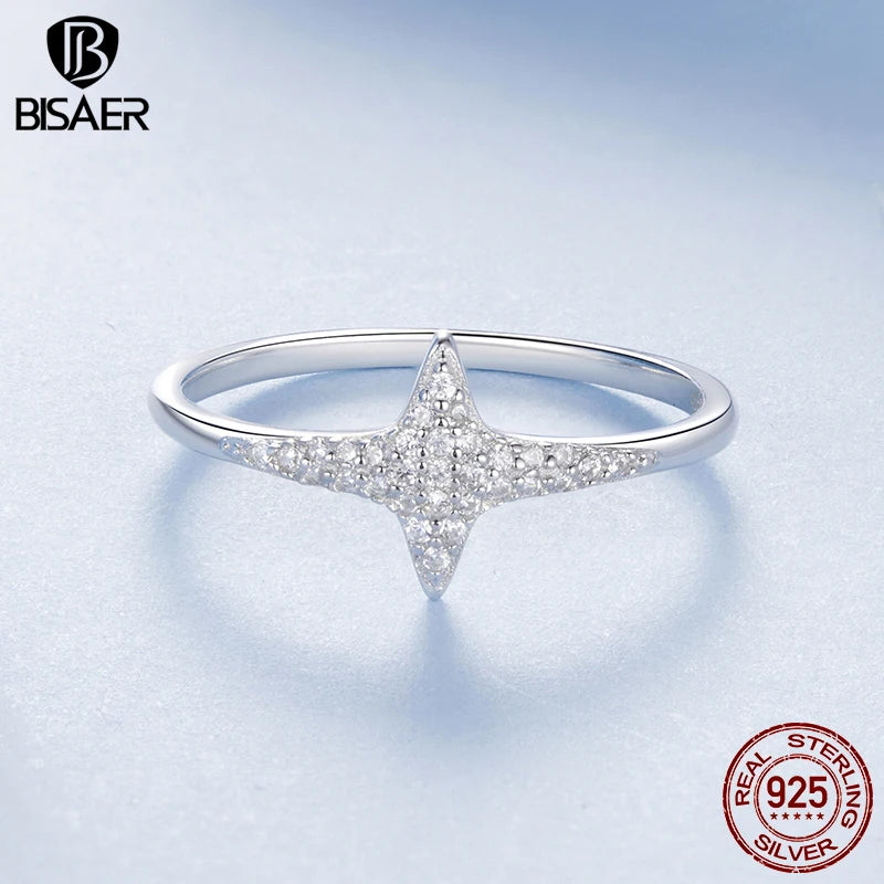 BISAER 925 Sterling Silver Sparkling Star Ring Pavé Setting Zircon Finger Band Plated White Gold for Women Wedding Fine Jewelry