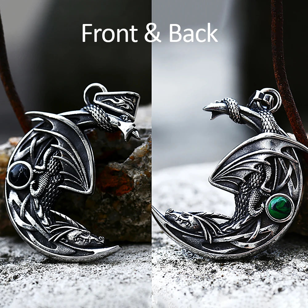 New Vintage Sleeping Dragon On Moon Pendant For Men Women Stainless Steel Natural Stones Necklace Fashion Party Jewelry Gifts