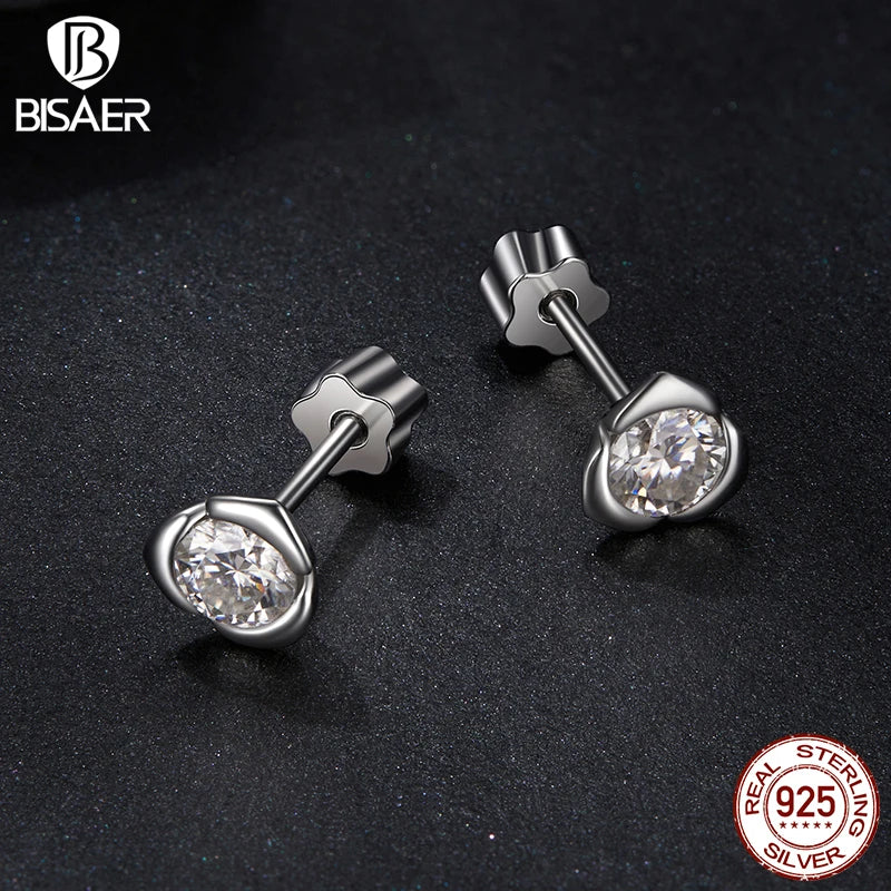 BISAER 925 Sterling Silver Moissanite Rose Stud Earrings Blooming Flowers Stud Ear For Women Engagement Wedding Fine Jewelry