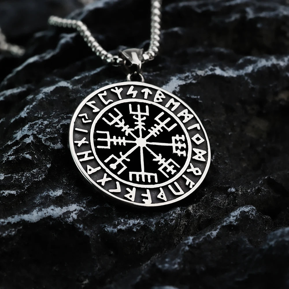 Compass Necklace Viking Metal Disk Pendant Viking Rune Vintage European and American Festival Gift