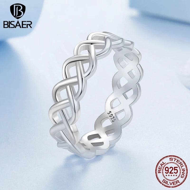 BISAER Bague tissée creuse en argent sterling 925 minimaliste plaqué or blanc pour femme, bijoux fins, cadeau de fête