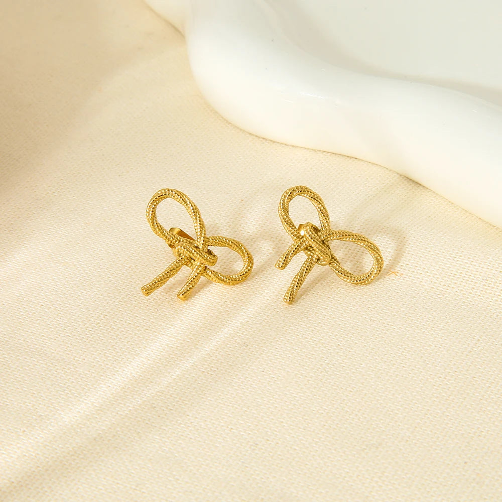 New Trend Stainless Steel 16K Gold Plated Bow Studs Texture Bowknot Dainty Earring Waterproof Women Jewelry Party Gift