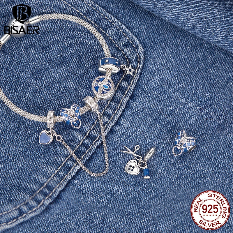 BISAER 925 Sterling Silver Vintage Western Cowboy Charm Bead Punk Blue Denim Star Pendant Fit Women DIY Bracelet Fine Jewelry