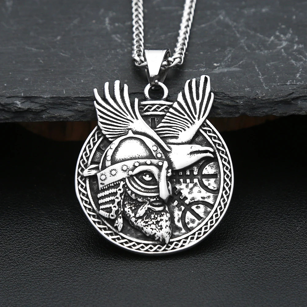 Vintage Nordic Vikings Warrior Horns Helmet Pendant With Odin's Raven Necklace For Man Stainless Steel Amulet Jewelry Wholesale