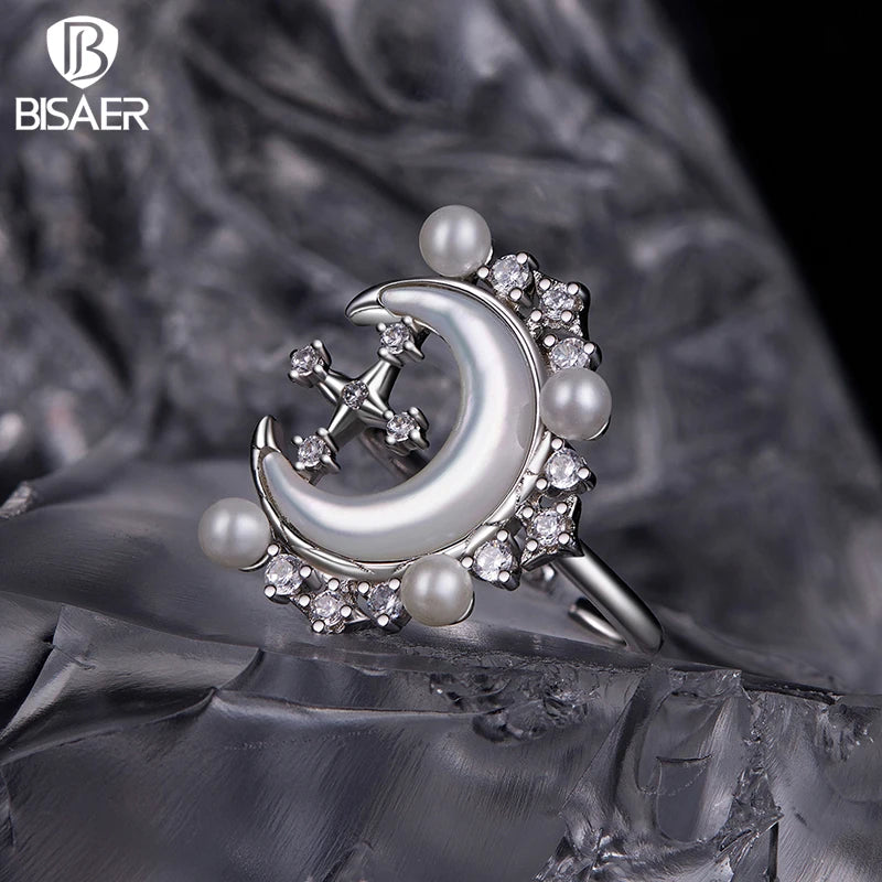 BISAER Crescent Moon Stars Open Ring Adjustable Size 5-9 For Light Luxury Women Wedding Engagement Fashion Jewelry Gift YIR243