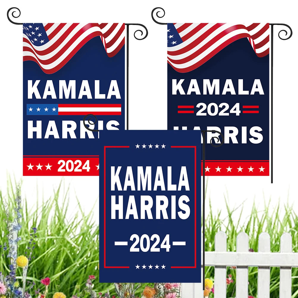 Banderas de jardín de doble cara de Kamala Harris 2024, banderas pequeñas de pared, pancartas negras de doble cara para decoración de exteriores y automóviles