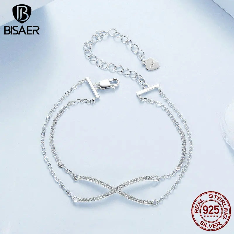 BISAER 925 Sterling Silver Crossed X Bracelet Adjustable Double Layer Chain Plated White Gold for Women Party Fine Jewelry Gift