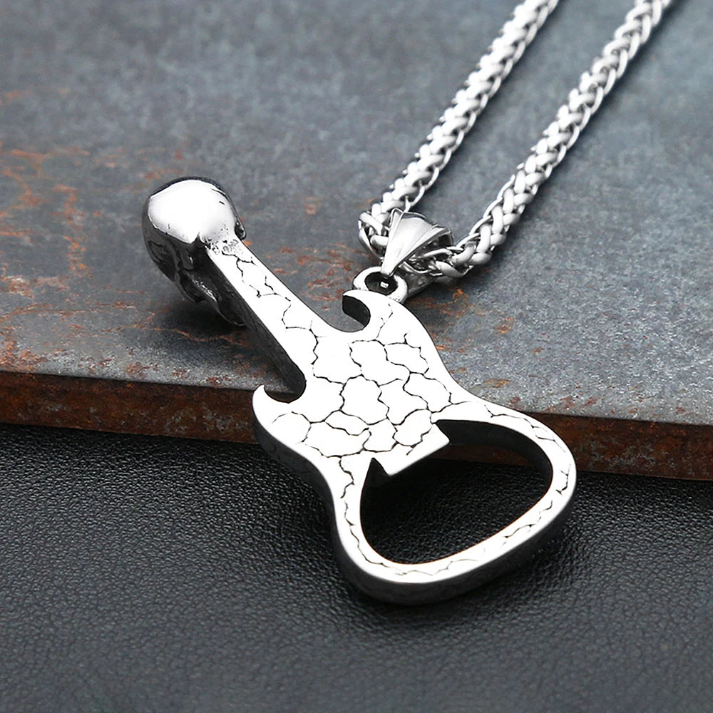 New Vintage Skull Guitar Pendant Necklace Stainless Steel Punk Hip Hop Personality Opener Necklaces For Men Rock Biker Jewelry