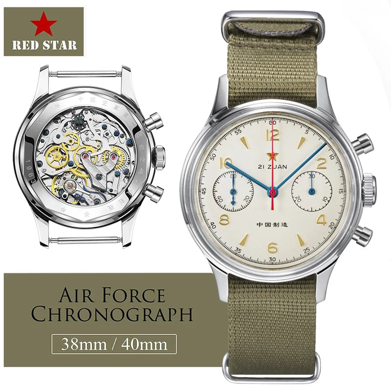 RED STAR 38 mm Herren 1963 Chronograph Mechanische Pilotenuhr mit Möwenbewegung ST1901 Air Force Aviation Saphir Gans 40 mm