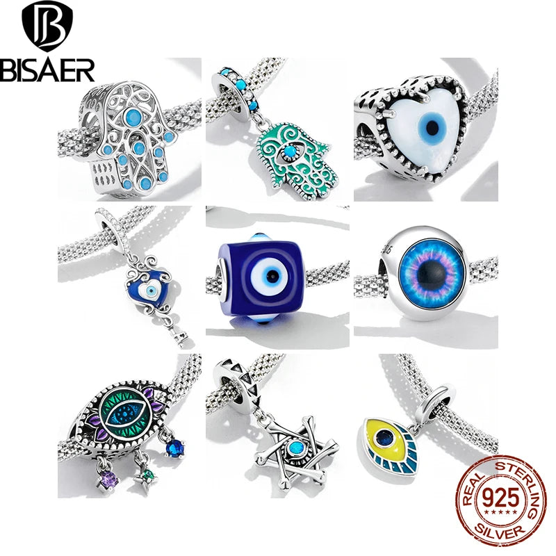 BISAER 925 Sterling Silver Vintage Blue Demon Eye Charm Bead Main de Fatima Pendentif Fit Femme Original Bracelet Fine DIY Bijoux