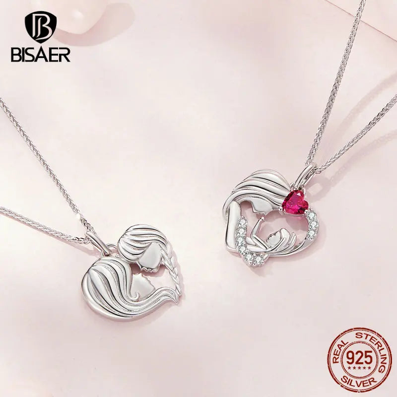 BISAER 925 Sterling Silver Mother & Child Pendant Necklaces Plated Platinum Women Mother's Day Birthday Fine Jewelry 2023 Gift