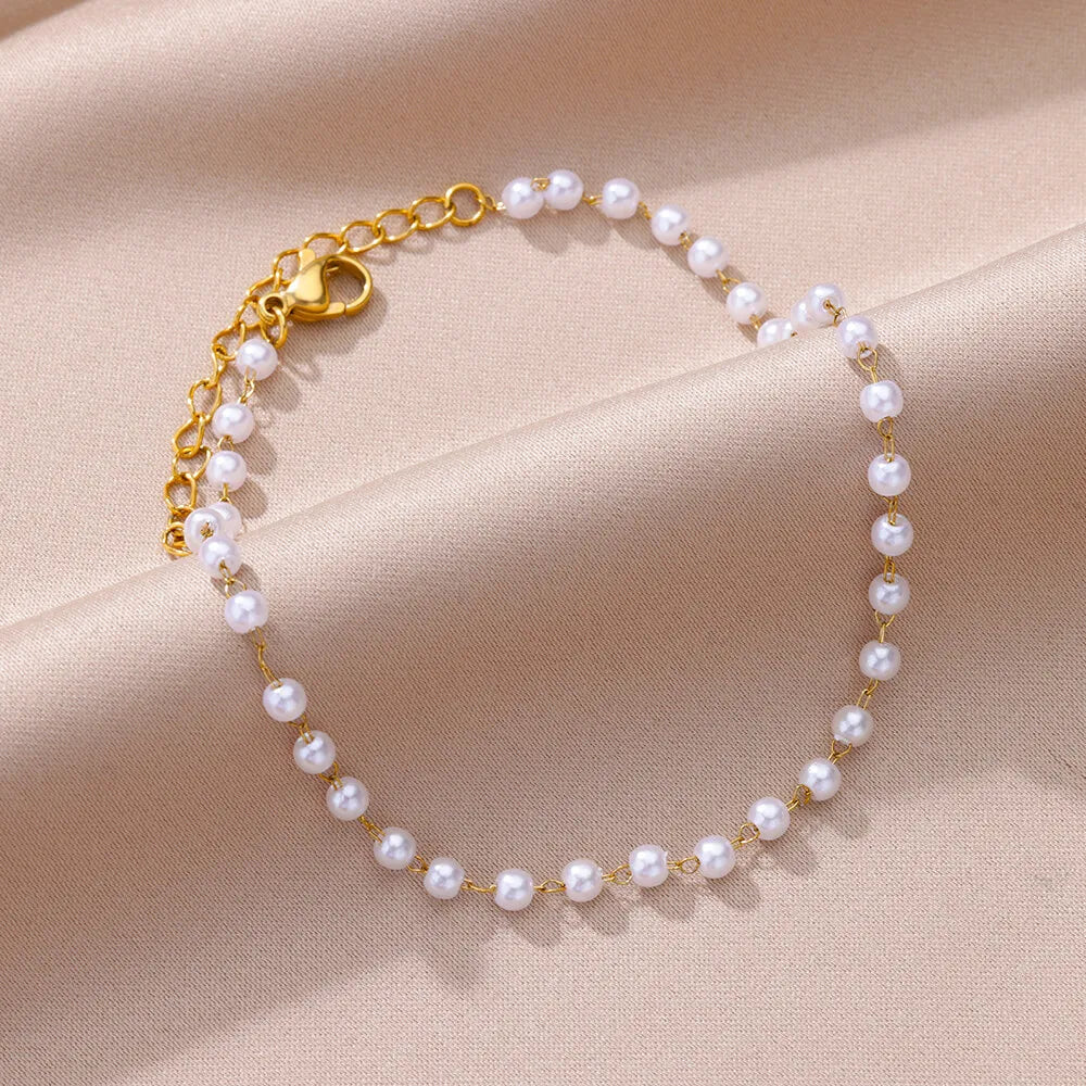 Stainless Steel Leg Bracelet with Pearl Beads